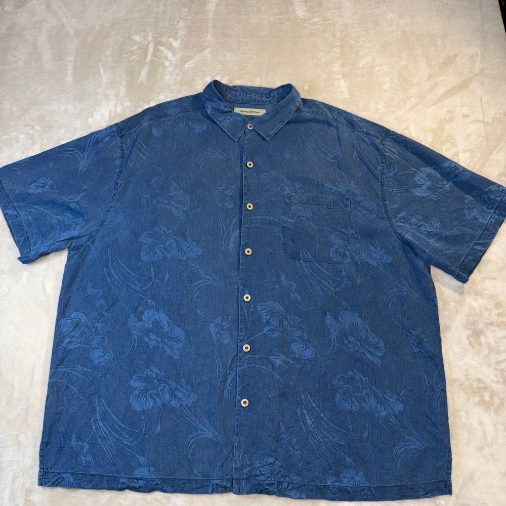 Tommy Bahama Mens 2XB Blue 100% Silk Floral Jacquard Short Sleeve Button Down